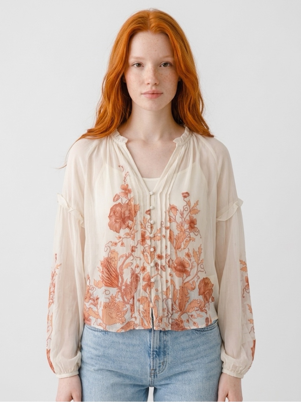 Anthropologie Cream Sheer Blouse with Rust Floral Embroidery
